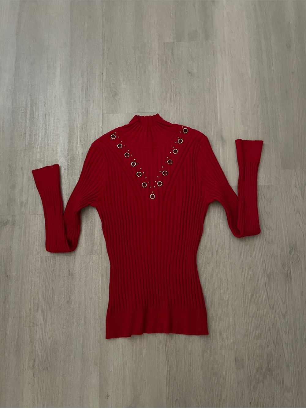 Belldini Y2K Red Ribbed Mock Neck Sweater with Grommet Detail Size L EUC